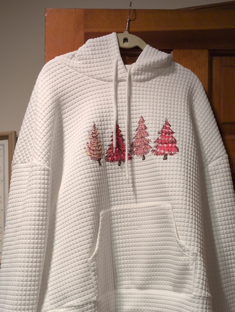 Women's White Quilted Hoodie with Pink Tree Motif